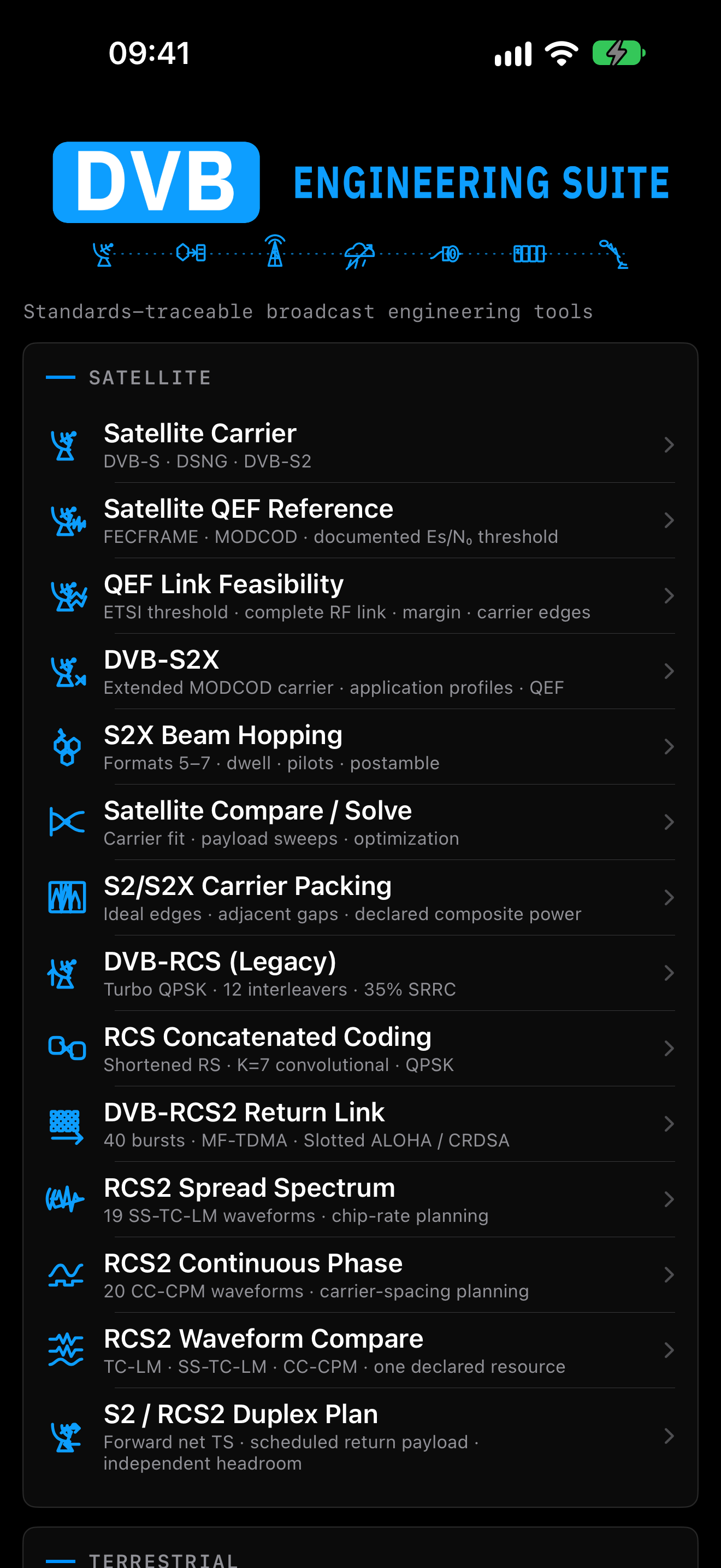 Current DVB Engineering Suite module catalogue on iPhone