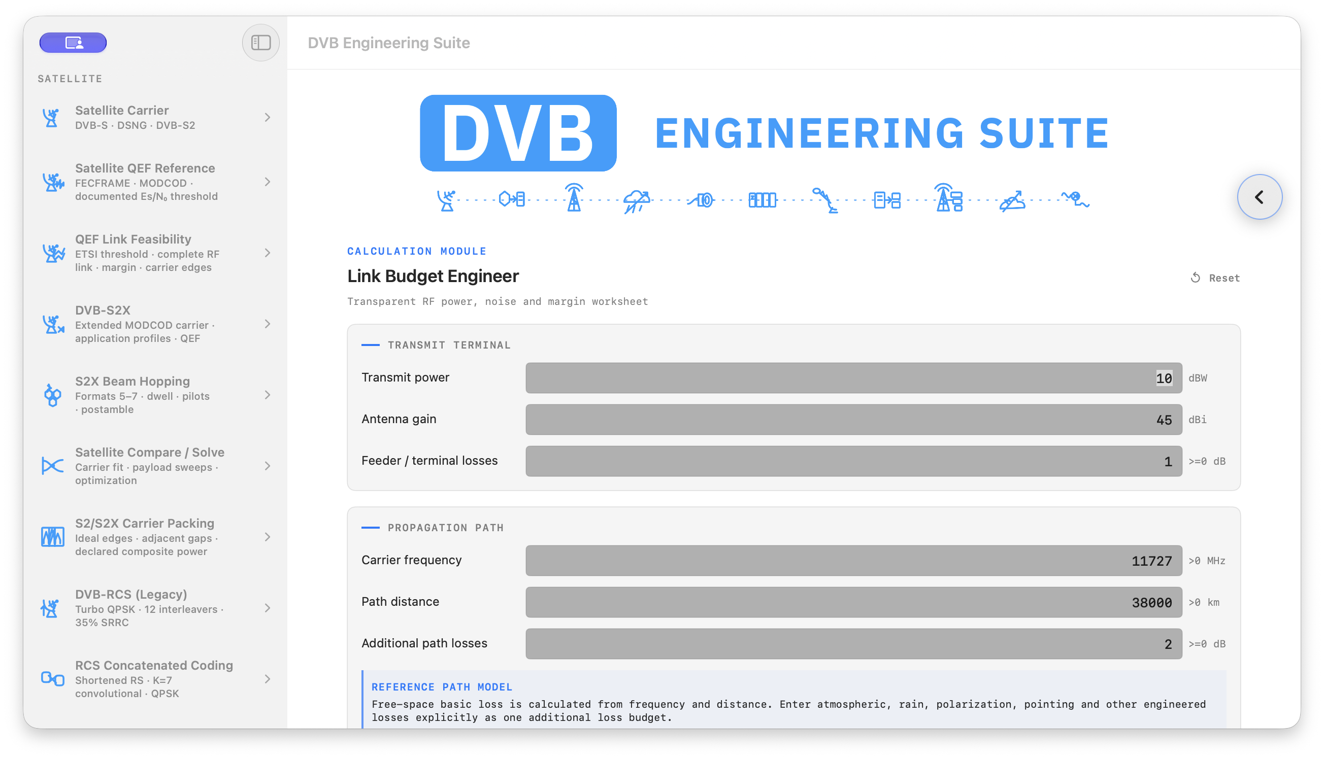 Link Budget Engineer module in DVB Engineering Suite on Mac